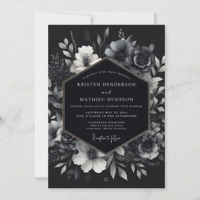 Invitación Boda Flor de Sombrío Carbón (Anverso)