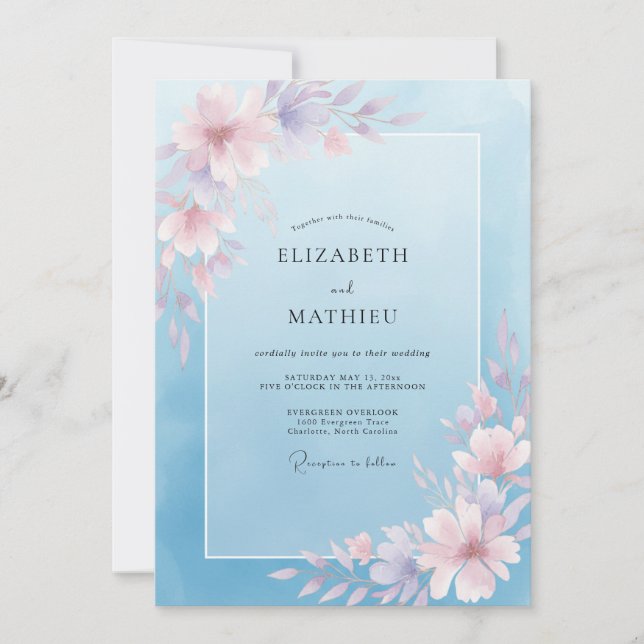 Invitación Boda Flor de Susurro Azul Polvoriento (Anverso)