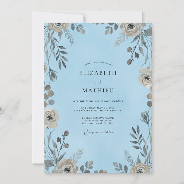 Invitación Boda Flor de Taupe Cerúleo (Anverso)