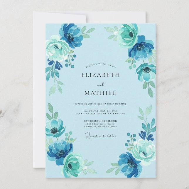 Invitación Boda Flor de Té Azul Celeste (Anverso)
