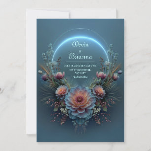 Invitación Boda Flor de Té Azul Luminoso de Halo Medianoche