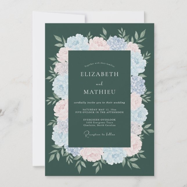 Invitación Boda Flor de Té Azul Profundo (Anverso)