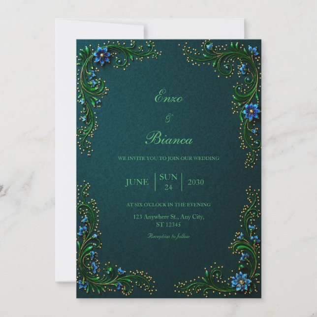 Invitación Boda Flor de Té Gilded de Medianoche (Anverso)