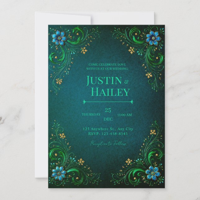 Invitación Boda Flor de Té Verde Medianoche (Anverso)