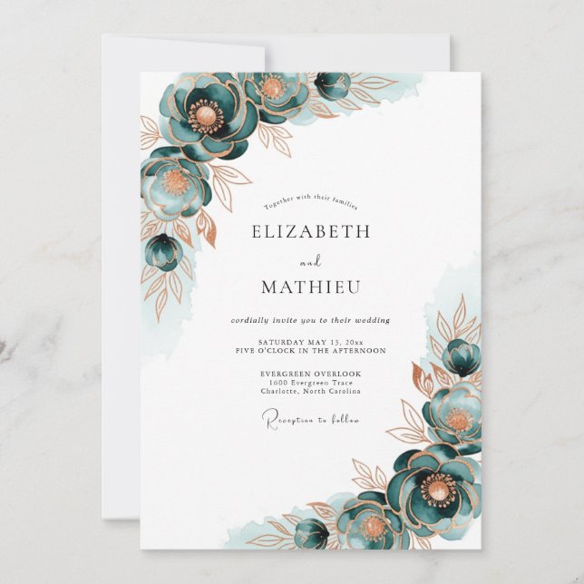 Invitación Boda Flor de Teñido Dorado (Anverso)
