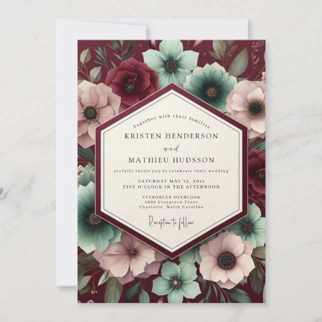 Invitación Boda Flor de Terciopelo Borgoña (Anverso)