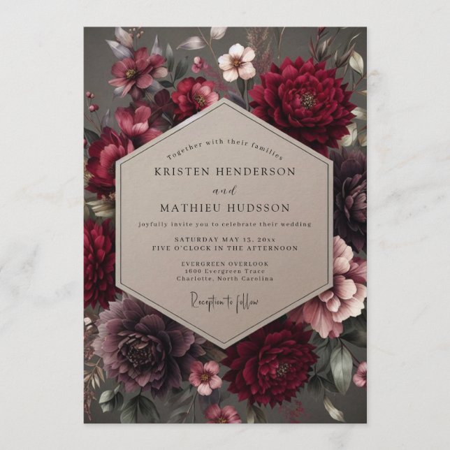 Invitación Boda Flor de Terciopelo Granate (Anverso)