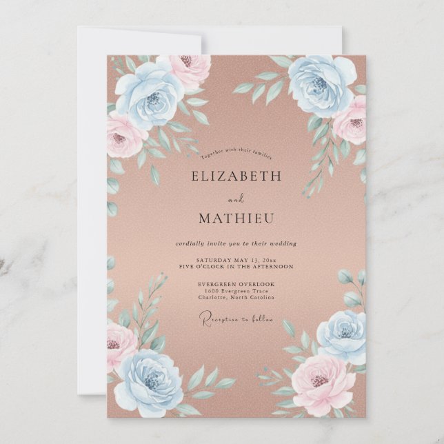 Invitación Boda Flor de Terracota Azul (Anverso)