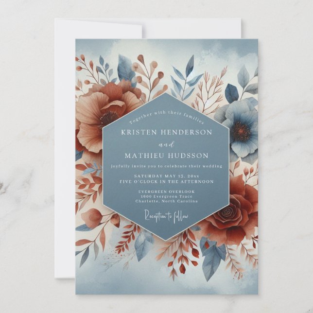 Invitación Boda Flor de Terracota Azul Pizarra (Anverso)