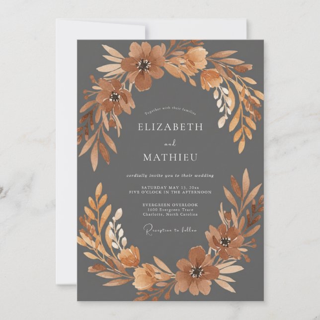 Invitación Boda Flor de Terracota Carbón (Anverso)