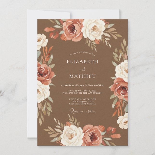 Invitación Boda Flor de Terracota Rústica (Anverso)