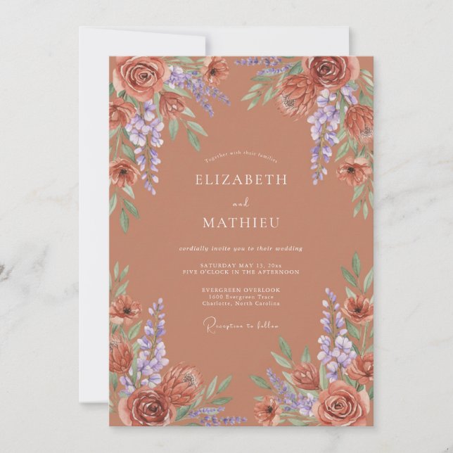 Invitación Boda Flor de Terracota Rústica (Anverso)