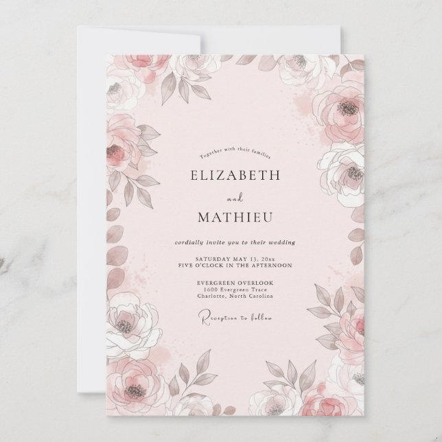 Invitación Boda Flor de Tono Beige Rubor (Anverso)