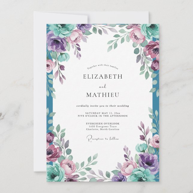 Invitación Boda Flor de Turquesa Amatista (Anverso)