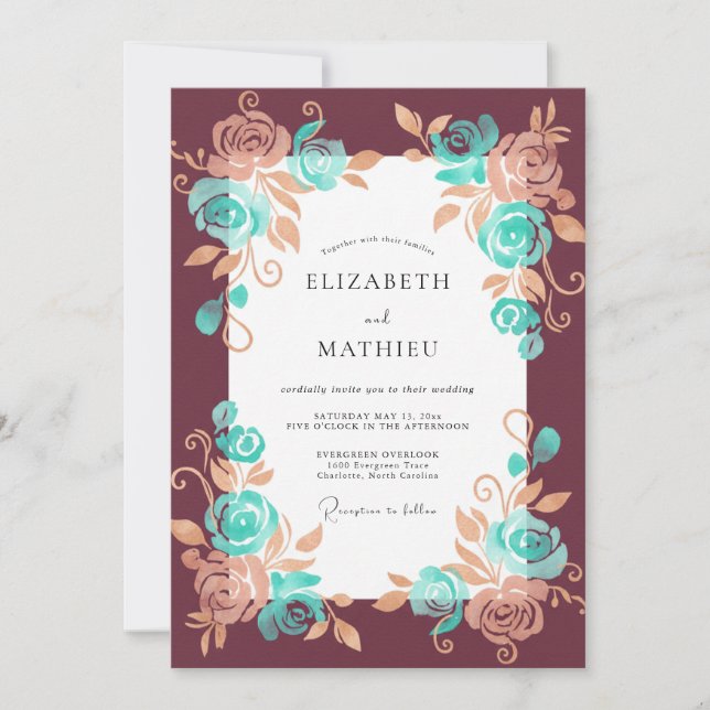 Invitación Boda Flor de Turquesa Granate (Anverso)