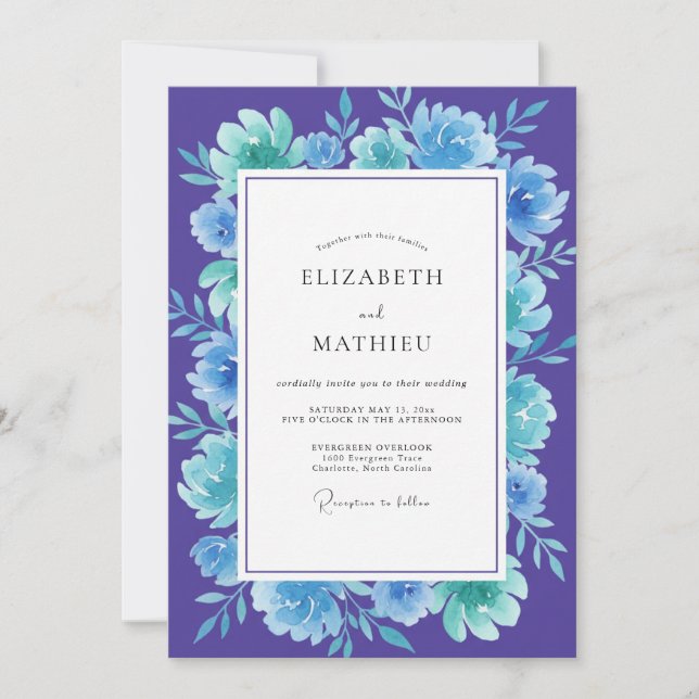 Invitación Boda Flor de Turquesa Violeta Boho (Anverso)