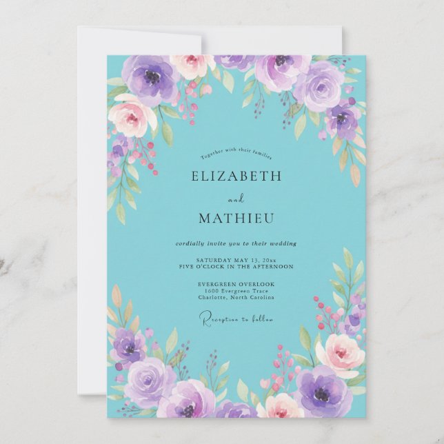 Invitación Boda Flor de Turquesa y Amatista (Anverso)