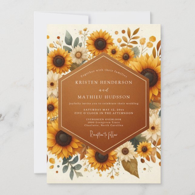 Invitación Boda Flor de Vara de Oro Rústica (Anverso)