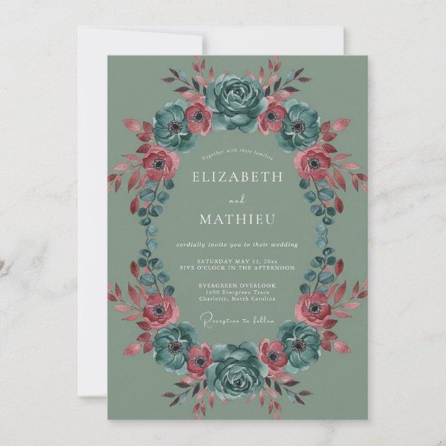 Invitación Boda Flor de Verde Salvia Verde (Anverso)