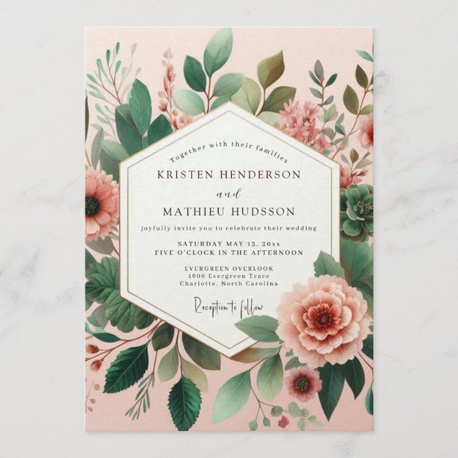 Invitación Boda Flor de Verdor Rubor (Anverso)