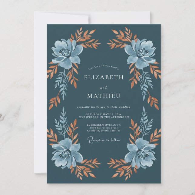 Invitación Boda Flor de Verdor Teal (Anverso)