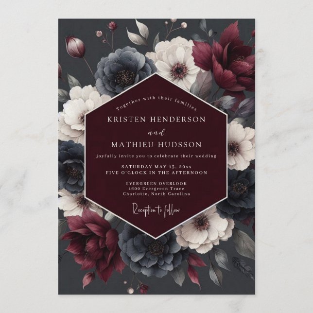 Invitación Boda Flor de Vespera de Pizarra de Borgoña (Anverso)
