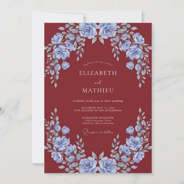 Invitación Boda Flor de Vinca Granate (Anverso)