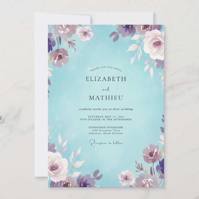 Invitación Boda Flor de Violeta Acuática (Anverso)