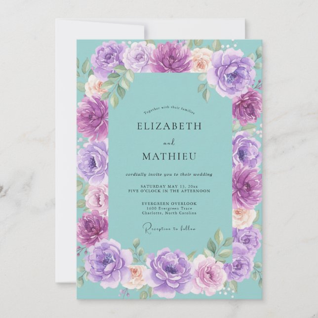 Invitación Boda Flor de Violeta Acuática (Anverso)