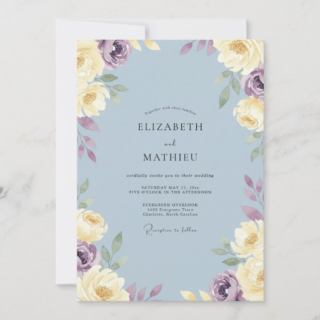 Invitación Boda Flor de Violeta de Acero (Anverso)