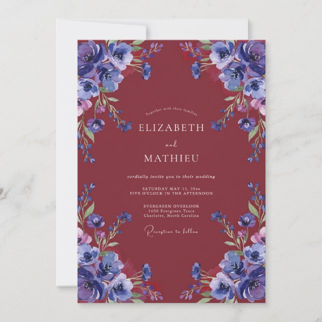 Invitación Boda Flor de Violeta Granate (Anverso)