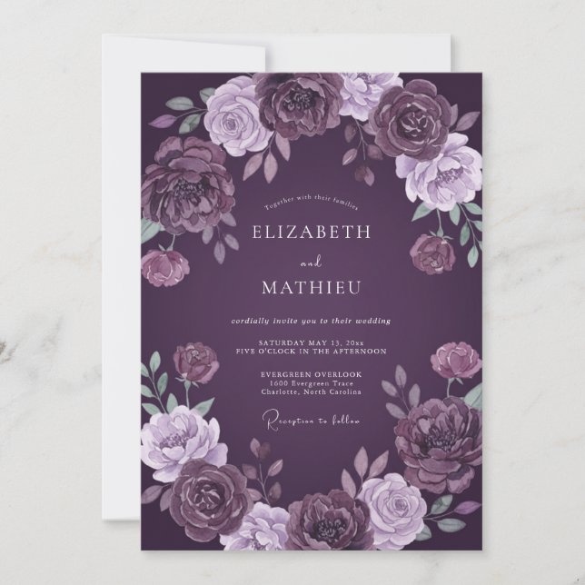 Invitación Boda Flor de Violeta Profunda (Anverso)
