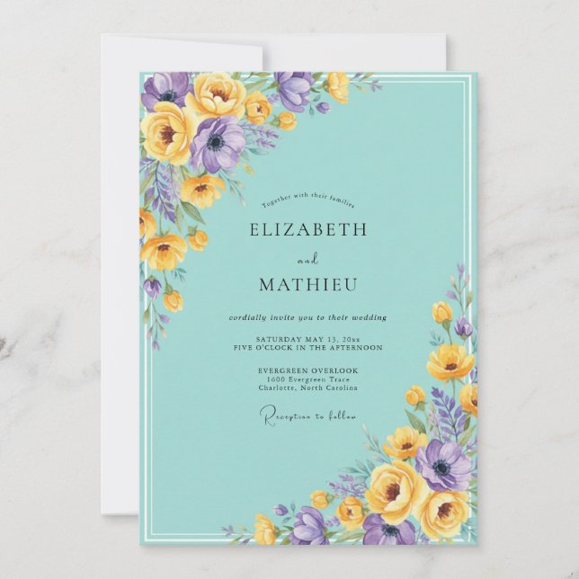 Invitación Boda Flor de Violeta Turquesa (Anverso)