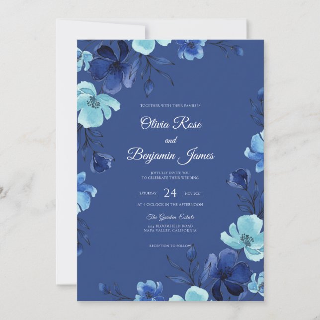 Invitación Boda Flor de Zafiro Profundo (Anverso)