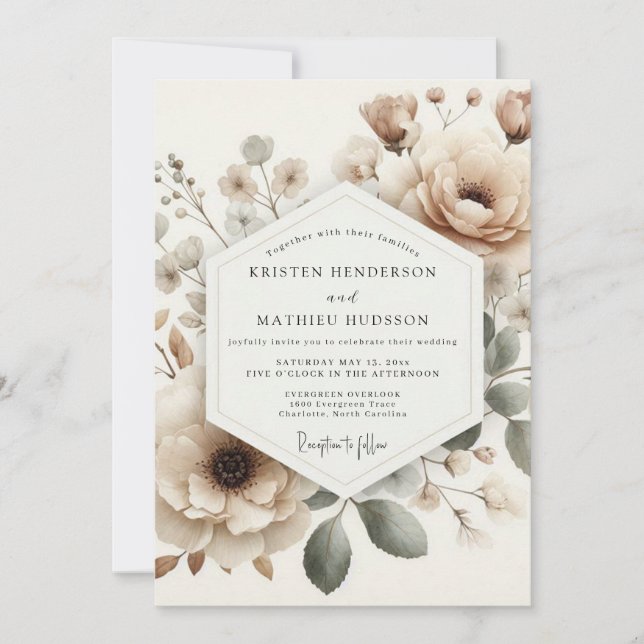 Invitación Boda Flor Desvaída Beige (Anverso)