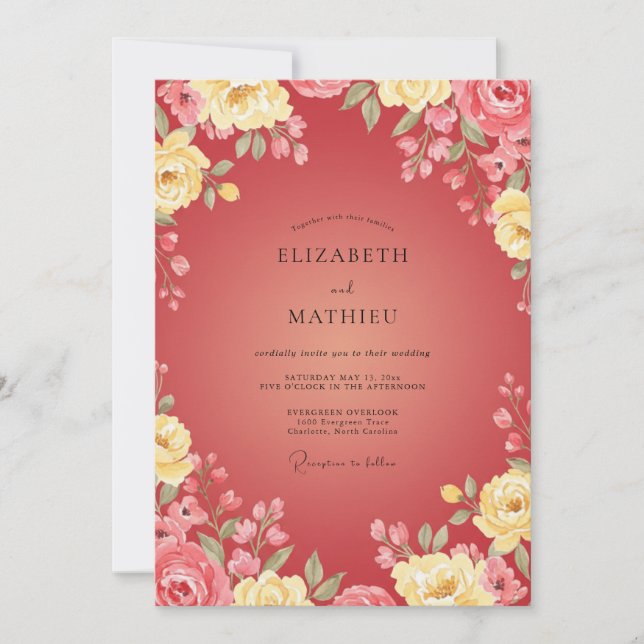 Invitación Boda Flor Dorada Carmesí (Anverso)
