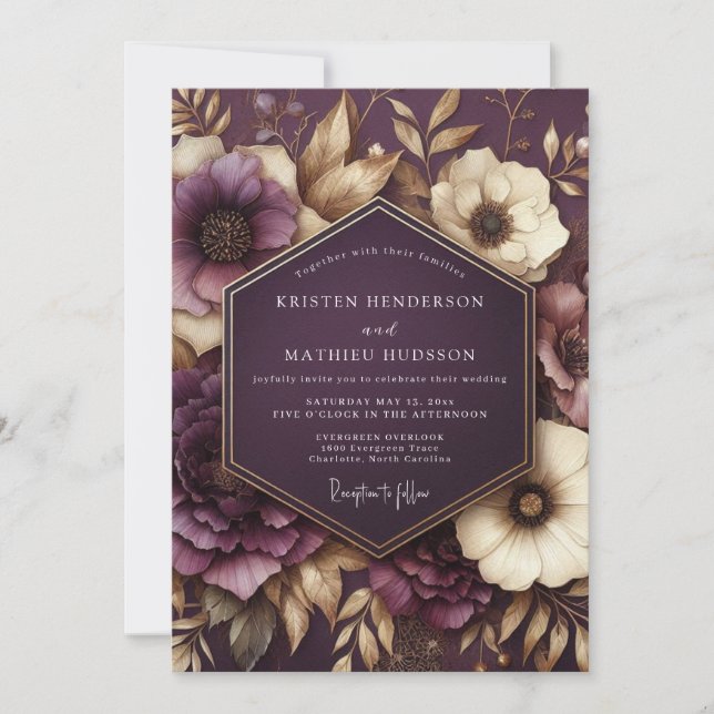 Invitación Boda Flor Etérea Ciruela (Anverso)