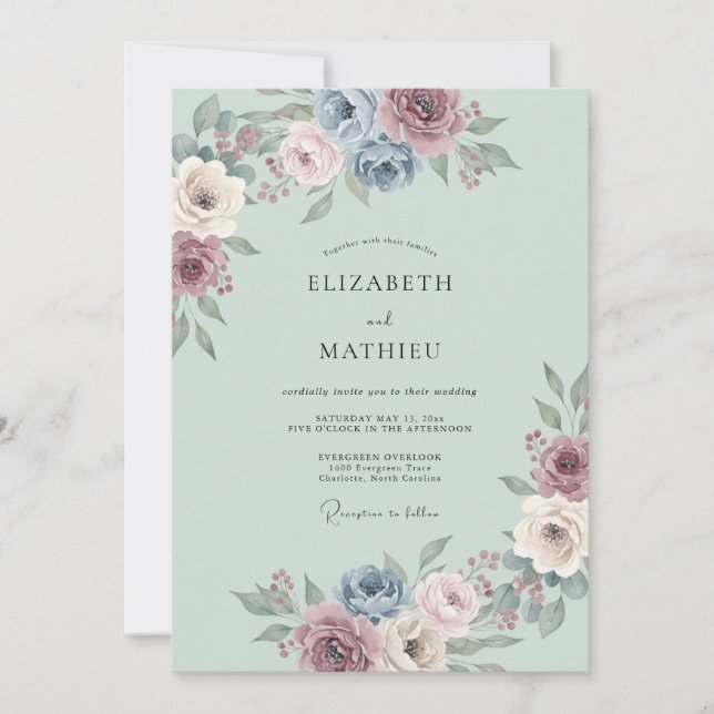 Invitación Boda Flor Etérea de Azul Polvoriento (Anverso)