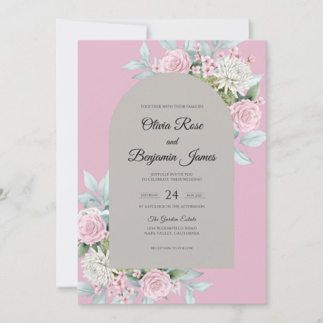 Invitación Boda Flor Gris Rosa (Anverso)