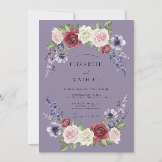 Invitación Boda Flor Lavanda Granate (Anverso)
