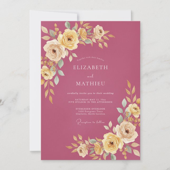Invitación Boda Flor Magenta Polvorienta (Anverso)