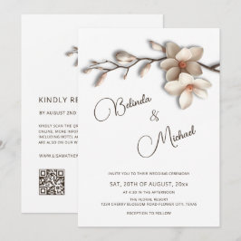 Invitación Boda Flor Magnolia Efecto Elevado Blanco Deslucido