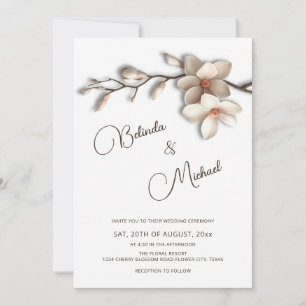 Invitación Boda Flor Magnolia Efecto Realzado Off White