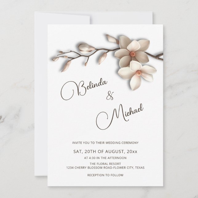 Invitación Boda Flor Magnolia Efecto Realzado Off White (Anverso)