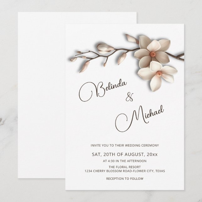 Invitación Boda Flor Magnolia Relieve Falso Blanco Extraviado (Anverso / Reverso)