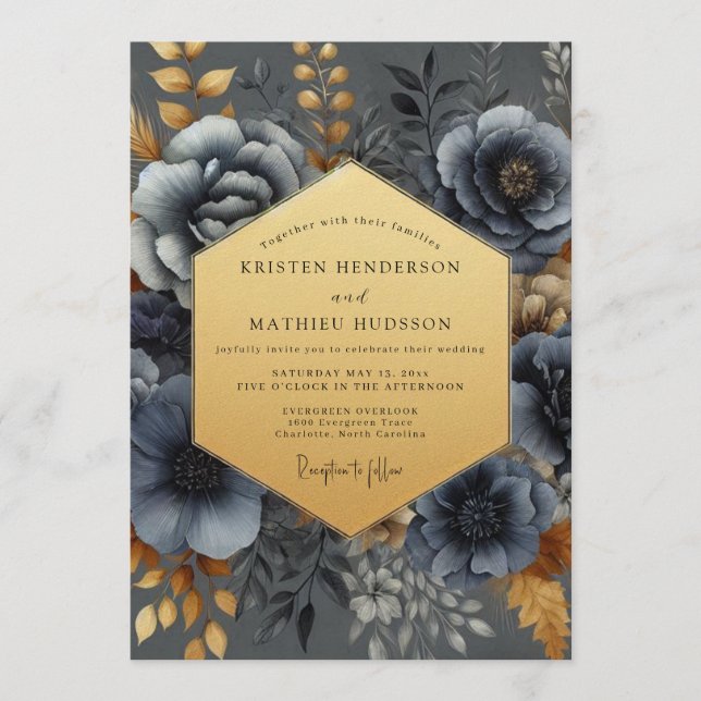 Invitación Boda Flor Nocturna Azul Pizarra (Anverso)