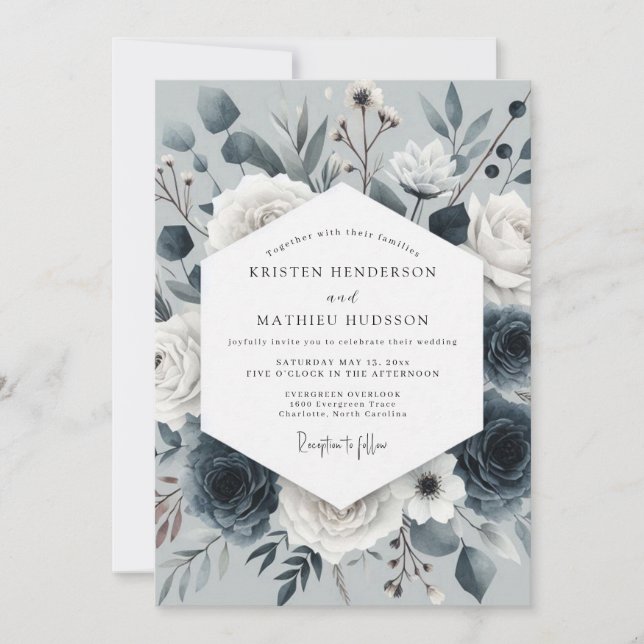 Invitación Boda Flor Nocturna Azul Pizarra (Anverso)