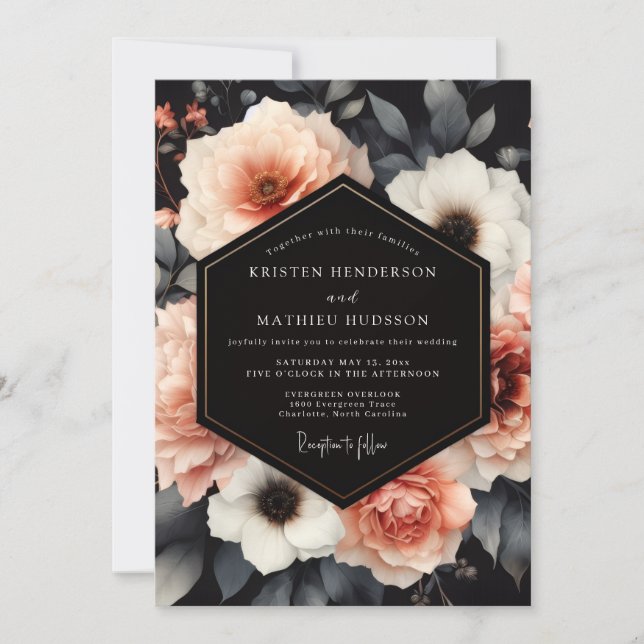 Invitación Boda Flor Nocturna de Carbón con Rubor (Anverso)