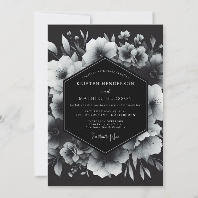 Invitación Boda Flor Nocturna en Escala de Grises (Anverso)