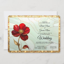 Invitación Boda Flor Roja de Vidrio Emplomado con Acentos de